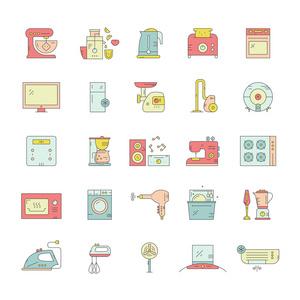 关于各类家用电器,棕色背景上的彩色图标主题家用电器和电子产品图标